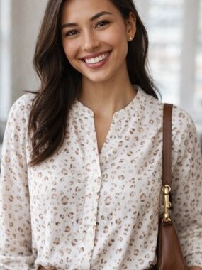 Ann Taylor XS Animal Print Tunic Blouse Giraffe Preppy Office Chic Teacher